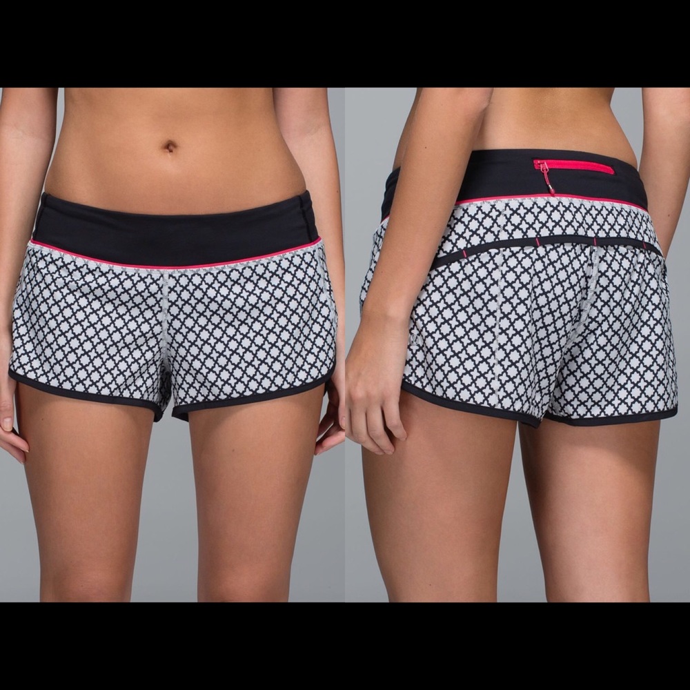 lululemon athletica Black & White Printed Running Shorts with Pink Trim